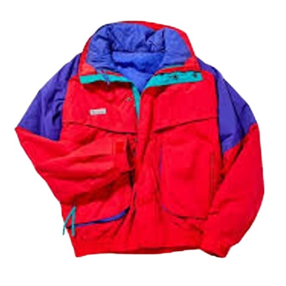 Vintage Columbia Ski Jacket Full Zip Radial Sleeve High Neck Retro Blue Red M